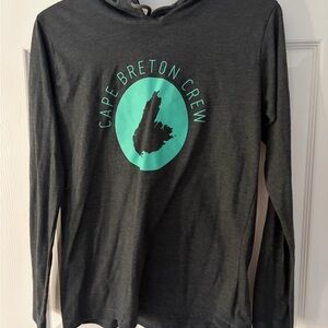 Cape Breton Crew Charcoal Long Sleeve Tee with Hood- Teal Logo